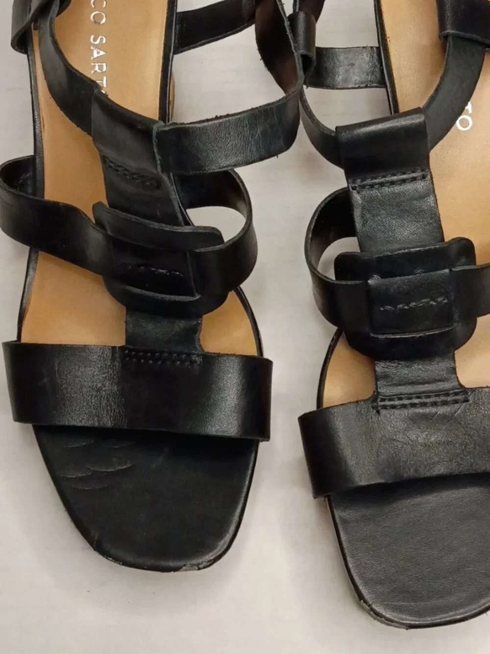 Franco Sarto Cera Black Leather Strappy Cork Wedge Sandals Size Women's 9.5 M